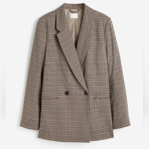 H&M Double Breasted Blazer‎ Jacket Houndstooth Brown Size Medium - Picture 1 of 11